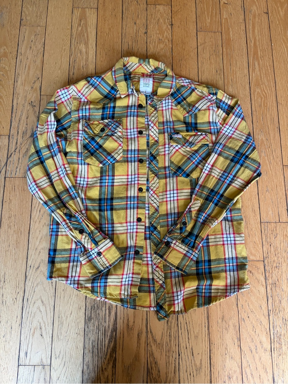 Topo Designs Yellow Plaid Button-Down Shirt with Blue & Red Accents
